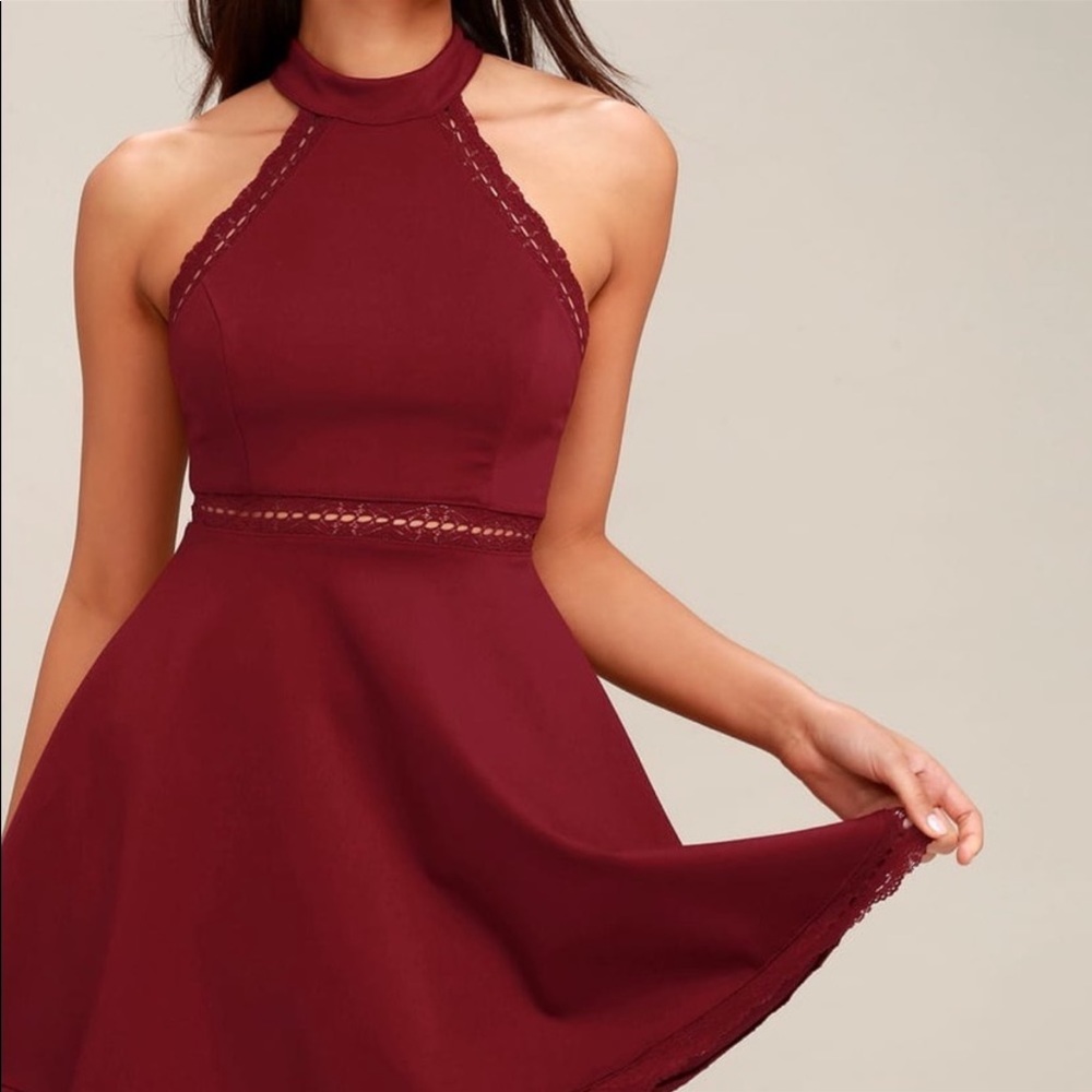 LULUS Reach Out My Hand Burgundy Lace Skater Dress M